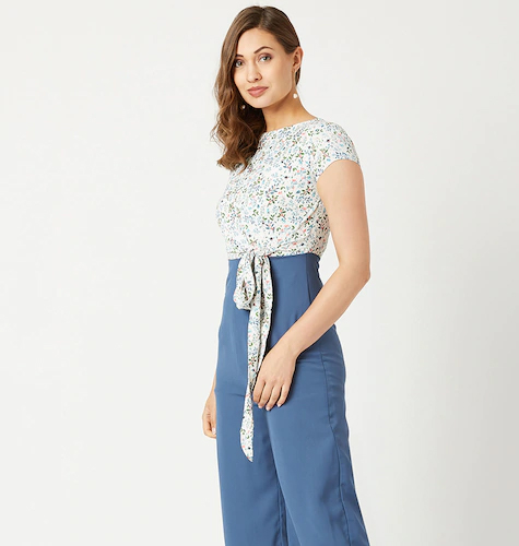Women White & Blue Printed Basic Jumpsuit